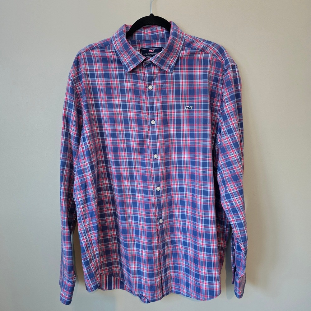 Vineyard Vines Mens XL Whale Shirt Red Blue Plaid Long Sleeve Button Down Cotton
